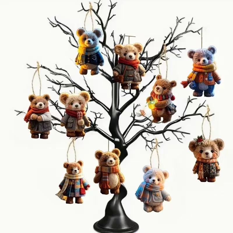 Medinis Kalėdinis kabinamas papuošalas eglutei, 2D plokščias meškiukas su šaliku, įpakavimas: OPP maišelis, prekės kodas 0807