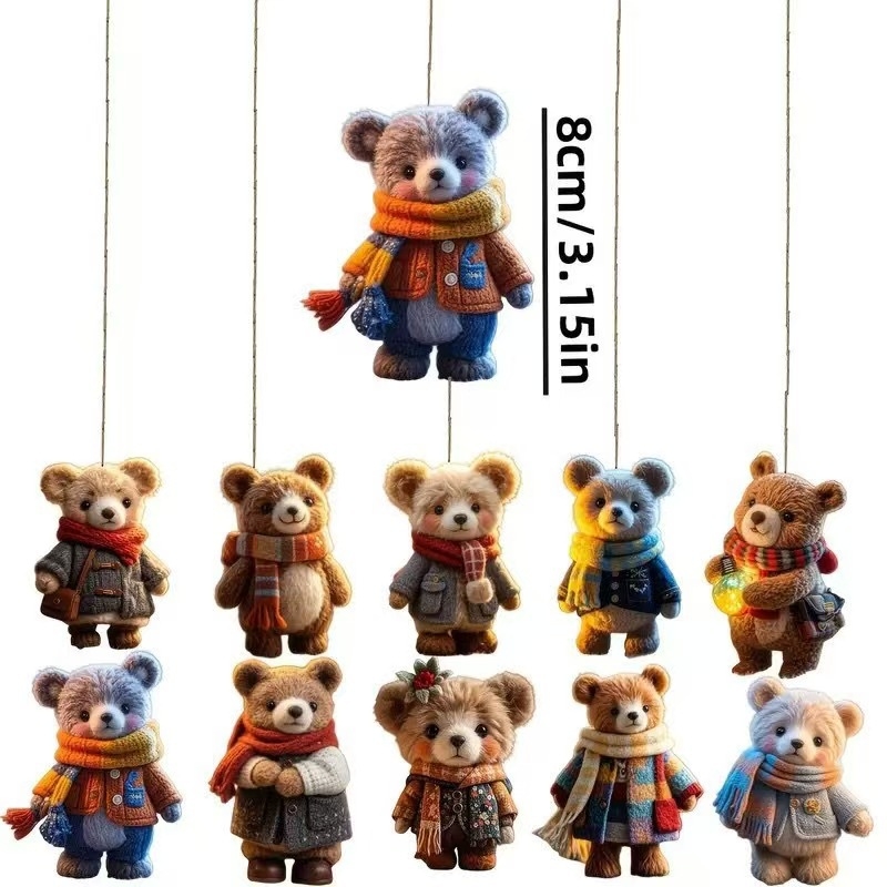 Medinis Kalėdinis kabinamas papuošalas eglutei, 2D plokščias meškiukas su šaliku, įpakavimas: OPP maišelis, prekės kodas 0807