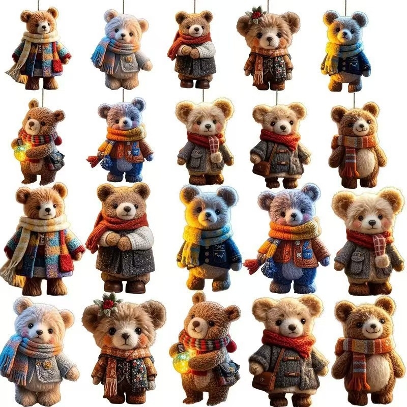 Medinis Kalėdinis kabinamas papuošalas eglutei, 2D plokščias meškiukas su šaliku, įpakavimas: OPP maišelis, prekės kodas 0807