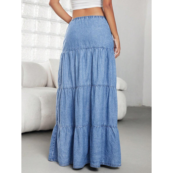 Дънкова пола с флисова подплата, дълга, двойна талия, закопчаване със шнур, полиестрова смес.