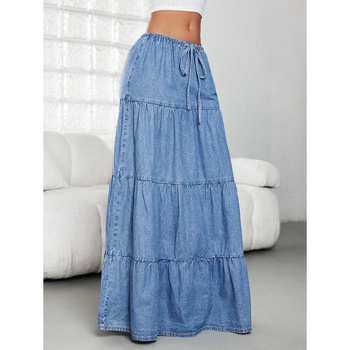 Дънкова пола с флисова подплата, дълга, двойна талия, закопчаване със шнур, полиестрова смес.