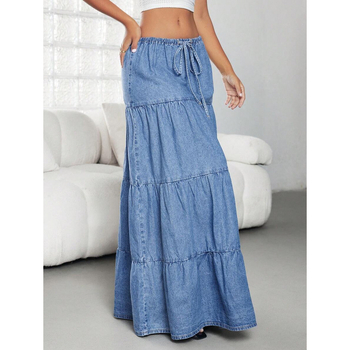 Дънкова пола с флисова подплата, дълга, двойна талия, закопчаване със шнур, полиестрова смес.