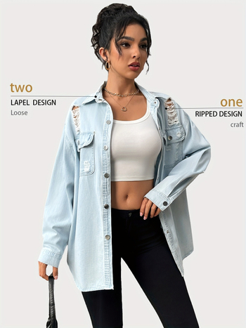 Γυναικείο μπουφάν από βαμβάκι με τζιν ύφασμα, χαλαρή γραμμή, μακρύ μανίκι, τετράγωνος γιακά, 10-18559