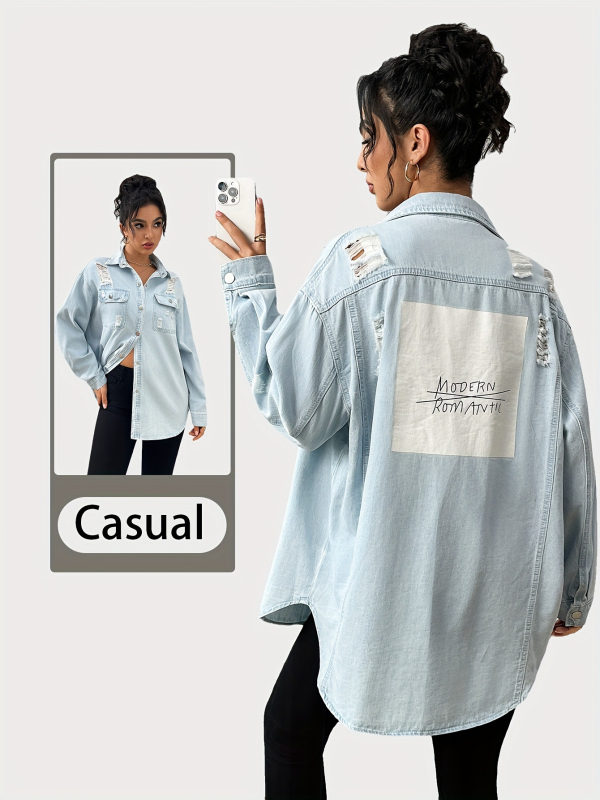 Sievietes kokvilnas džinsa darba jaka, brīvs piegriezums, garas piedurknes, kvadrātveida apkakle, 10-18559