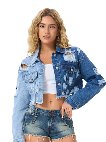 Τζιν μπουφάν με ραγισμένο σχέδιο, Τζιν ύφασμα, Βαμβάκι 70–80% και Πολυεστέρας κάτω από 30%, Μακριά μανίκια