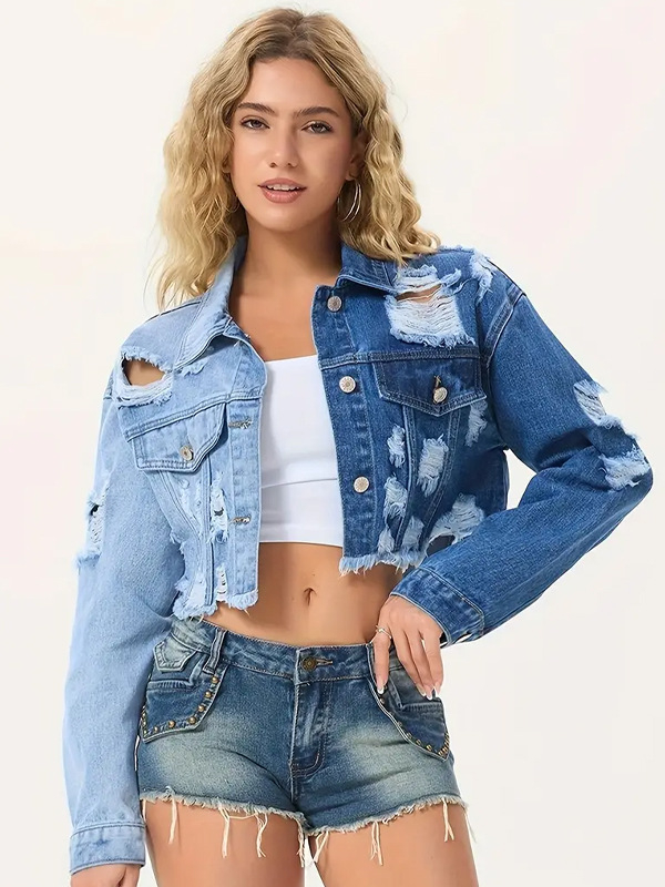 Деним яке с раздърпан модел, деним плат, памук 70–80% и полиестер под 30%, дълги ръкави