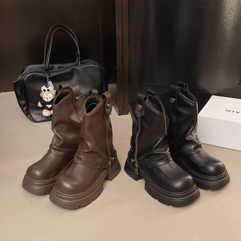 Cizme Martin pentru femei – înalte, stil vintage, slip-on, vârf rotund, toc mediu