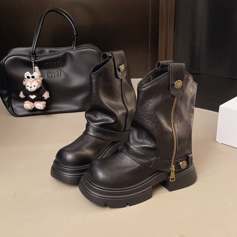 Cizme Martin pentru femei – înalte, stil vintage, slip-on, vârf rotund, toc mediu