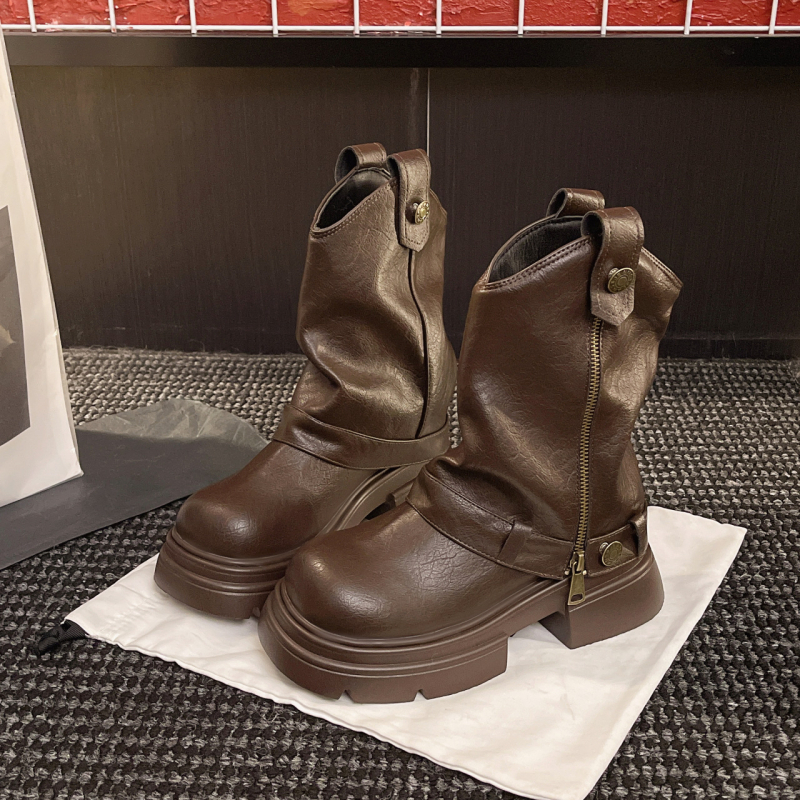 Cizme Martin pentru femei – înalte, stil vintage, slip-on, vârf rotund, toc mediu