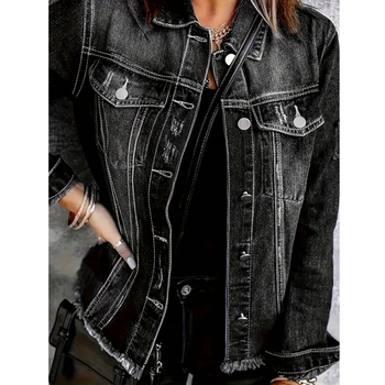 Moteriška džinsinė striukė su V kaklu, vienos eilės sagų užsegimas, 2025 m. pavasaris, džinsinis audinys su iki 30% spandekso