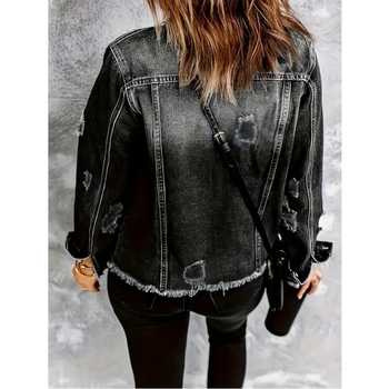 Moteriška džinsinė striukė su V kaklu, vienos eilės sagų užsegimas, 2025 m. pavasaris, džinsinis audinys su iki 30% spandekso