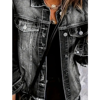 Moteriška džinsinė striukė su V kaklu, vienos eilės sagų užsegimas, 2025 m. pavasaris, džinsinis audinys su iki 30% spandekso