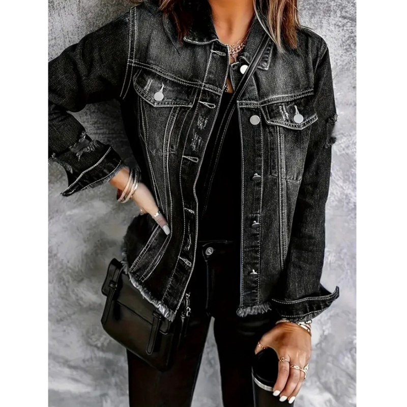 Moteriška džinsinė striukė su V kaklu, vienos eilės sagų užsegimas, 2025 m. pavasaris, džinsinis audinys su iki 30% spandekso