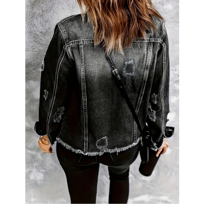 Moteriška džinsinė striukė su V kaklu, vienos eilės sagų užsegimas, 2025 m. pavasaris, džinsinis audinys su iki 30% spandekso