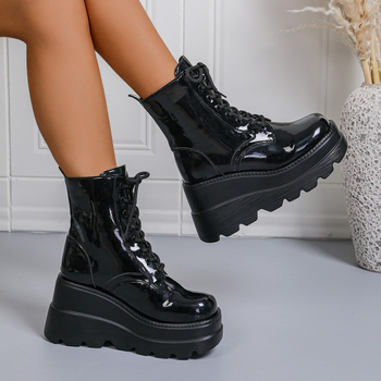 Челси обувки с клиновиден ток, PU горна част, гумена подметка, връзки отпред, нисък обхват на глезена