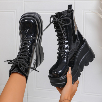 Челси обувки с клиновиден ток, PU горна част, гумена подметка, връзки отпред, нисък обхват на глезена