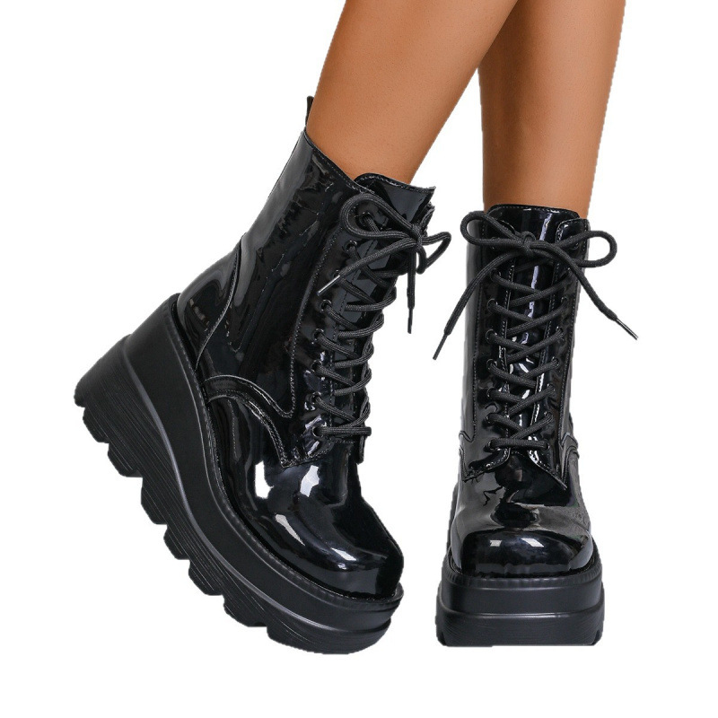 Челси обувки с клиновиден ток, PU горна част, гумена подметка, връзки отпред, нисък обхват на глезена