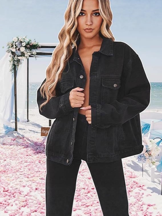 Jachetă din denim pentru femei, croi lejer, mâneci lungi, lungime standard; material denim din 80–90% bumbac și sub 30% poliester