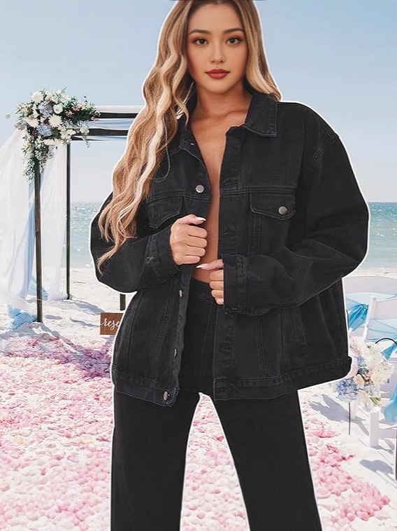 Jachetă din denim pentru femei, croi lejer, mâneci lungi, lungime standard; material denim din 80–90% bumbac și sub 30% poliester