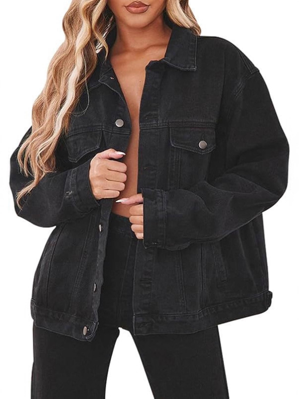 Jachetă din denim pentru femei, croi lejer, mâneci lungi, lungime standard; material denim din 80–90% bumbac și sub 30% poliester