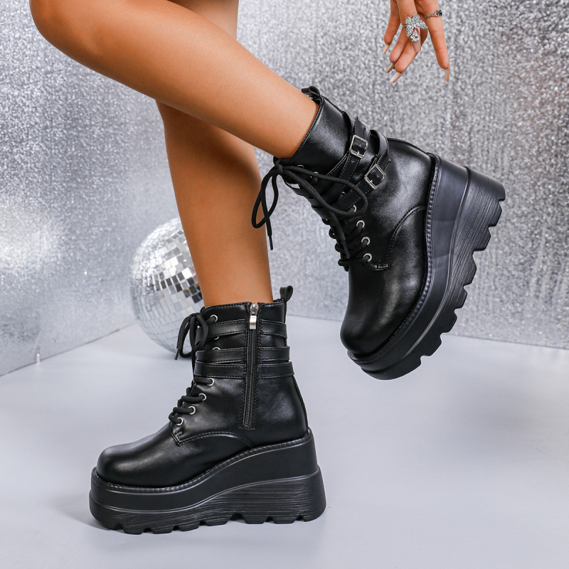 Botine Martin pentru femei, PU partea superioară, vârf rotund, fermoar lateral, toc în formă de pană, gleznă joasă