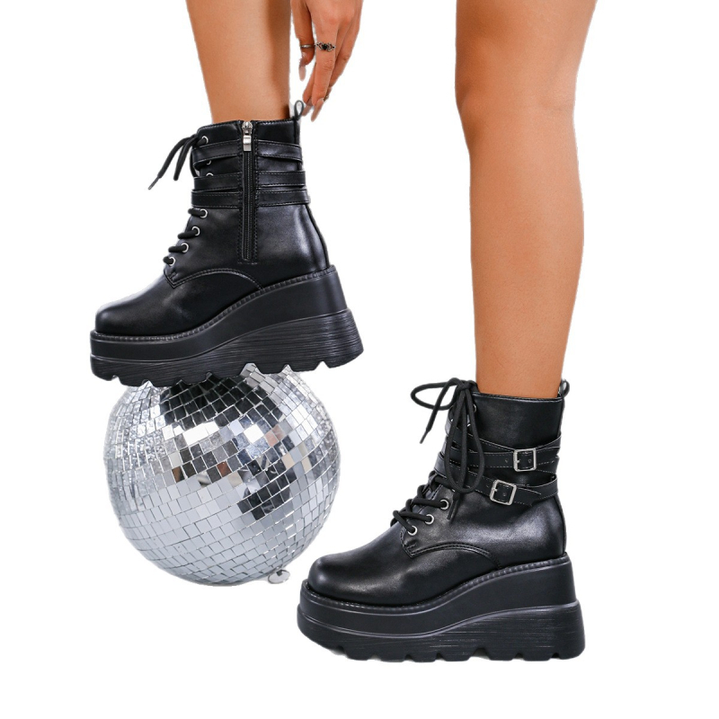 Botine Martin pentru femei, PU partea superioară, vârf rotund, fermoar lateral, toc în formă de pană, gleznă joasă