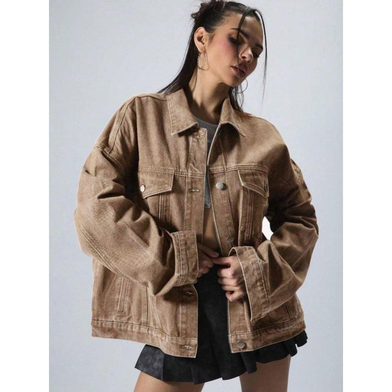 K5456 Geacă denim Slim Fit, fermoar frontal, guler tip costum, lungime lungă (peste 100 cm)