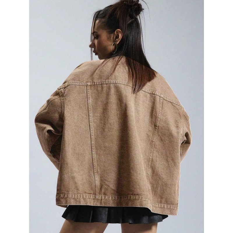 K5456 Geacă denim Slim Fit, fermoar frontal, guler tip costum, lungime lungă (peste 100 cm)