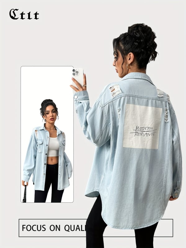 Moteriški džinsiniai marškiniai su ilgomis rankovėmis, laisvo kirpimo, medvilnės audinys, Turn-Down apykaklė