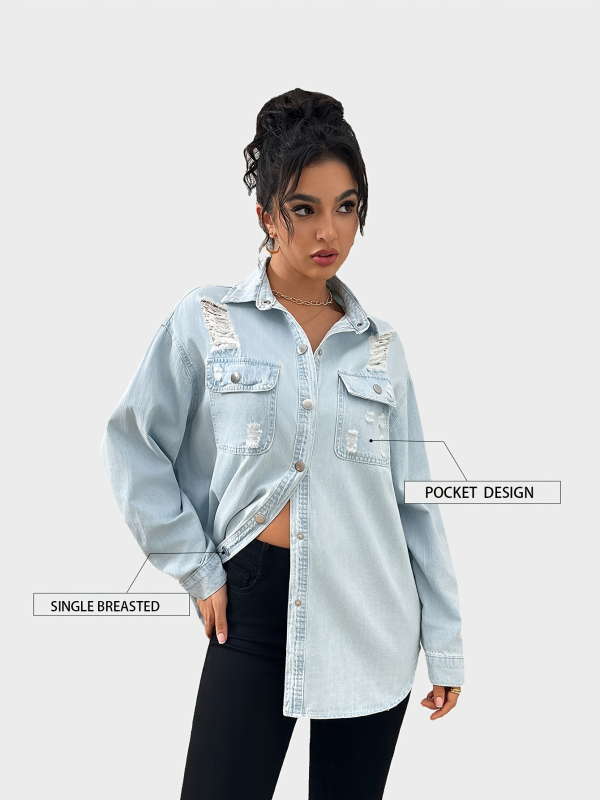 Moteriški džinsiniai marškiniai su ilgomis rankovėmis, laisvo kirpimo, medvilnės audinys, Turn-Down apykaklė