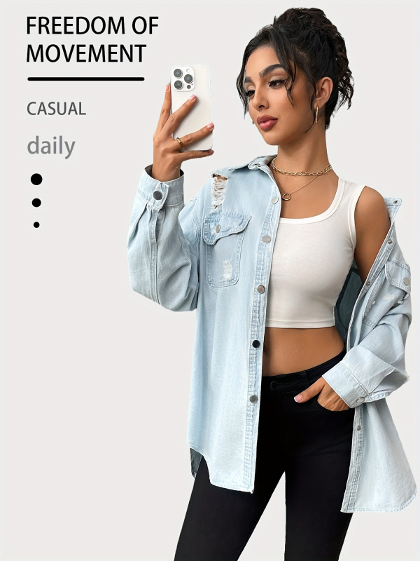 Moteriški džinsiniai marškiniai su ilgomis rankovėmis, laisvo kirpimo, medvilnės audinys, Turn-Down apykaklė