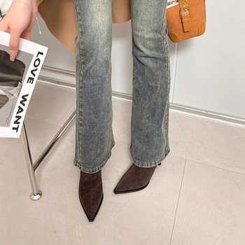 Ghete subțiri pentru gleznă, cu partea superioară din velur, stil coreean, toc înalt de 6-8 cm