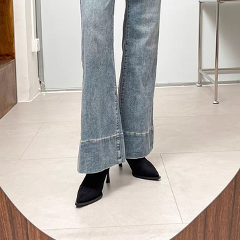 Ghete subțiri pentru gleznă, cu partea superioară din velur, stil coreean, toc înalt de 6-8 cm