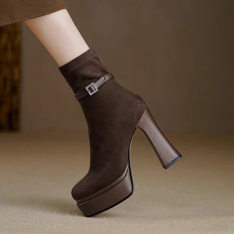 Botine Slim pentru femei: vârf rotund, velur pe partea superioară, stil coreean, gleznă scurtă, toc foarte înalt (>8 cm)