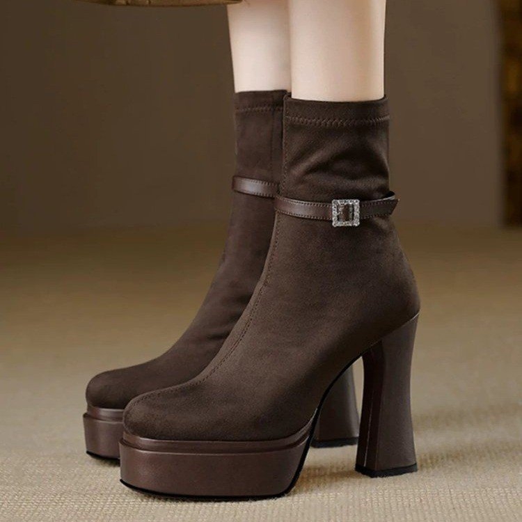 Botine Slim pentru femei: vârf rotund, velur pe partea superioară, stil coreean, gleznă scurtă, toc foarte înalt (>8 cm)