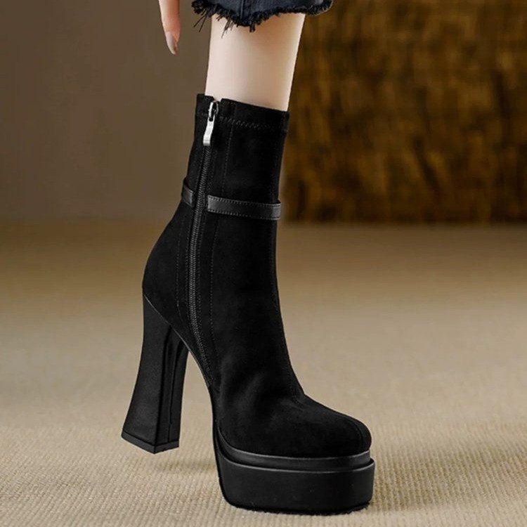 Botine Slim pentru femei: vârf rotund, velur pe partea superioară, stil coreean, gleznă scurtă, toc foarte înalt (>8 cm)