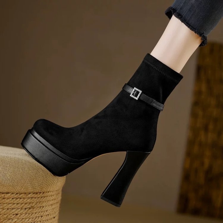 Botine Slim pentru femei: vârf rotund, velur pe partea superioară, stil coreean, gleznă scurtă, toc foarte înalt (>8 cm)