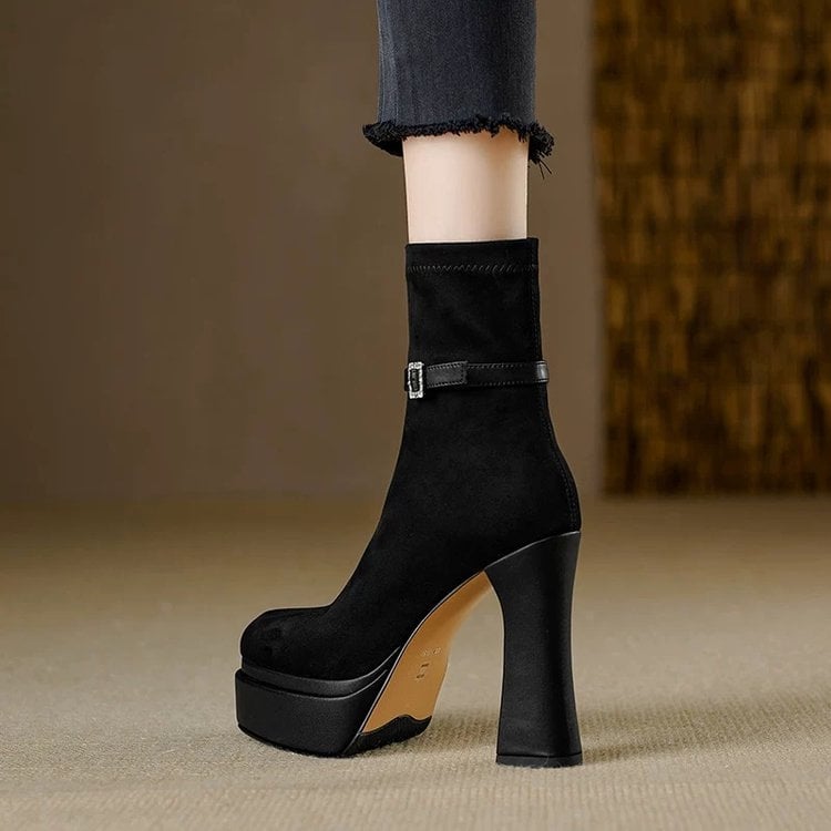 Botine Slim pentru femei: vârf rotund, velur pe partea superioară, stil coreean, gleznă scurtă, toc foarte înalt (>8 cm)