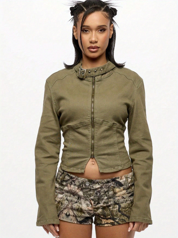 Ženski slim-fit kaput s patchworkom, okrugli ovratnik, ziper, pamuk-poliester smjesa