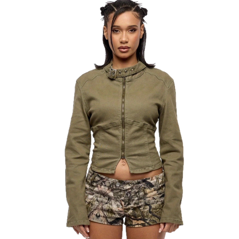 Ženski slim-fit kaput s patchworkom, okrugli ovratnik, ziper, pamuk-poliester smjesa