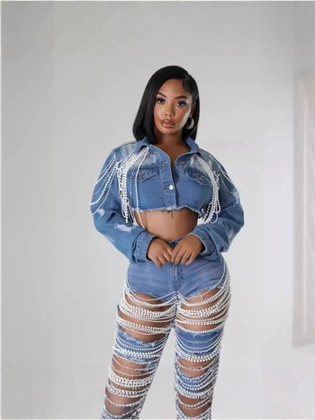 Geacă de denim pentru femei cu lanț de perle și mărgele lucrate manual, țesătură denim poliester 90–95%, mâneci lungi, toamnă 2025, stil stradal