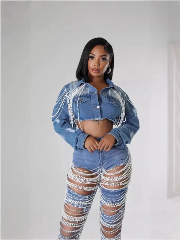Geacă de denim pentru femei cu lanț de perle și mărgele lucrate manual, țesătură denim poliester 90–95%, mâneci lungi, toamnă 2025, stil stradal