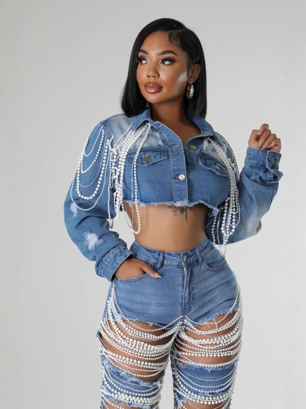 Geacă de denim pentru femei cu lanț de perle și mărgele lucrate manual, țesătură denim poliester 90–95%, mâneci lungi, toamnă 2025, stil stradal