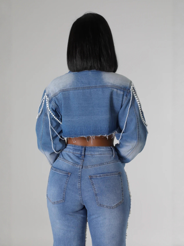 Geacă de denim pentru femei cu lanț de perle și mărgele lucrate manual, țesătură denim poliester 90–95%, mâneci lungi, toamnă 2025, stil stradal