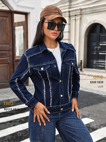 Γυναικείο τζιν μπουφάν με πέτο (λαπέλ), μακριά μανίκια, γούνινο διακοσμητικό περιθώριο, ύφασμα ντένιμ (95% βαμβάκι), street fashion