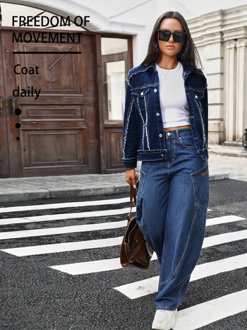 Γυναικείο τζιν μπουφάν με πέτο (λαπέλ), μακριά μανίκια, γούνινο διακοσμητικό περιθώριο, ύφασμα ντένιμ (95% βαμβάκι), street fashion