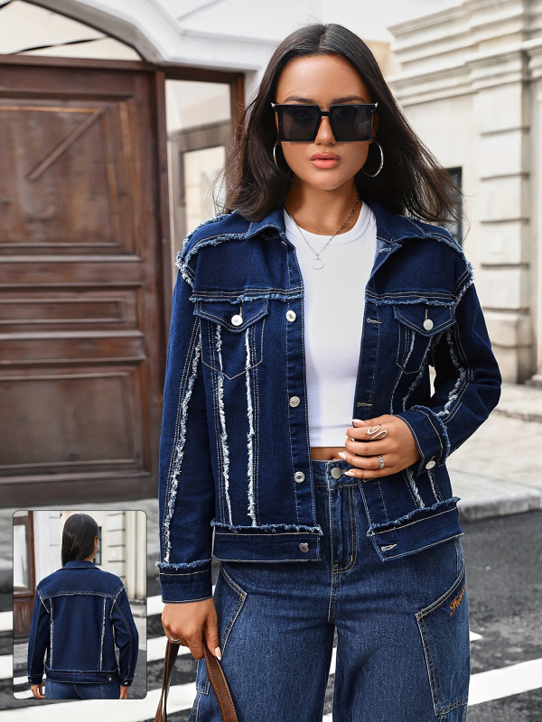 Moteriška džinsinė striukė su revero apykakle, ilgos rankovės, kailio apdaila, džinų audinys (95% medvilnė), gatvės stilius