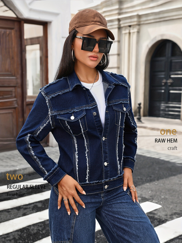 Moteriška džinsinė striukė su revero apykakle, ilgos rankovės, kailio apdaila, džinų audinys (95% medvilnė), gatvės stilius