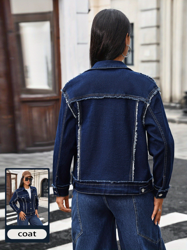 Moteriška džinsinė striukė su revero apykakle, ilgos rankovės, kailio apdaila, džinų audinys (95% medvilnė), gatvės stilius