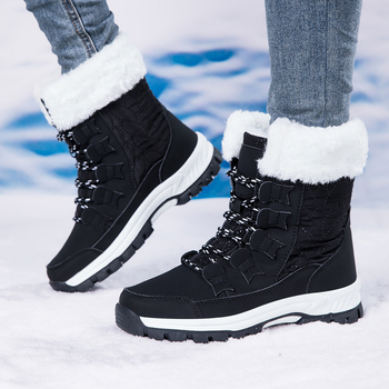 Γυναικείες χιονομπότες με ψηλό ύψος, επένδυση από γούνα, ζεστές, αντιολισθητική σόλα από καουτσούκ, επάνω μέρος από συνθετικό δέρμα